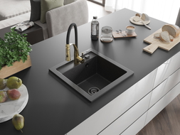 Mexen Vito granite 1-bowl kitchen sink with Aster faucet, speckled black - 6503-76-73450-57-B