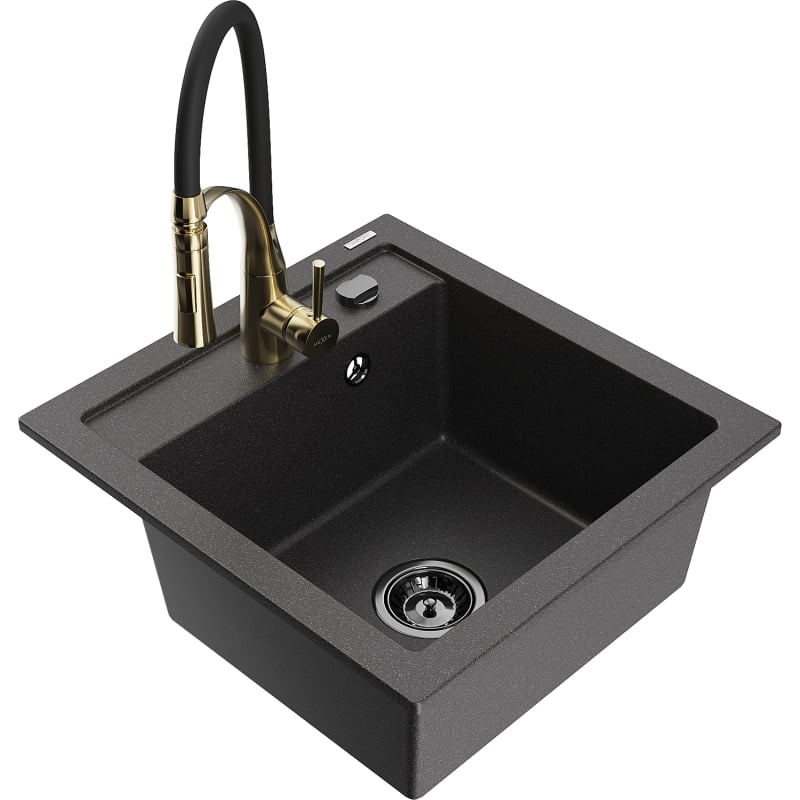 Mexen Vito 1-bowl granite sink with kitchen faucet Aster, black speckled - 6503-76-73450-57-B