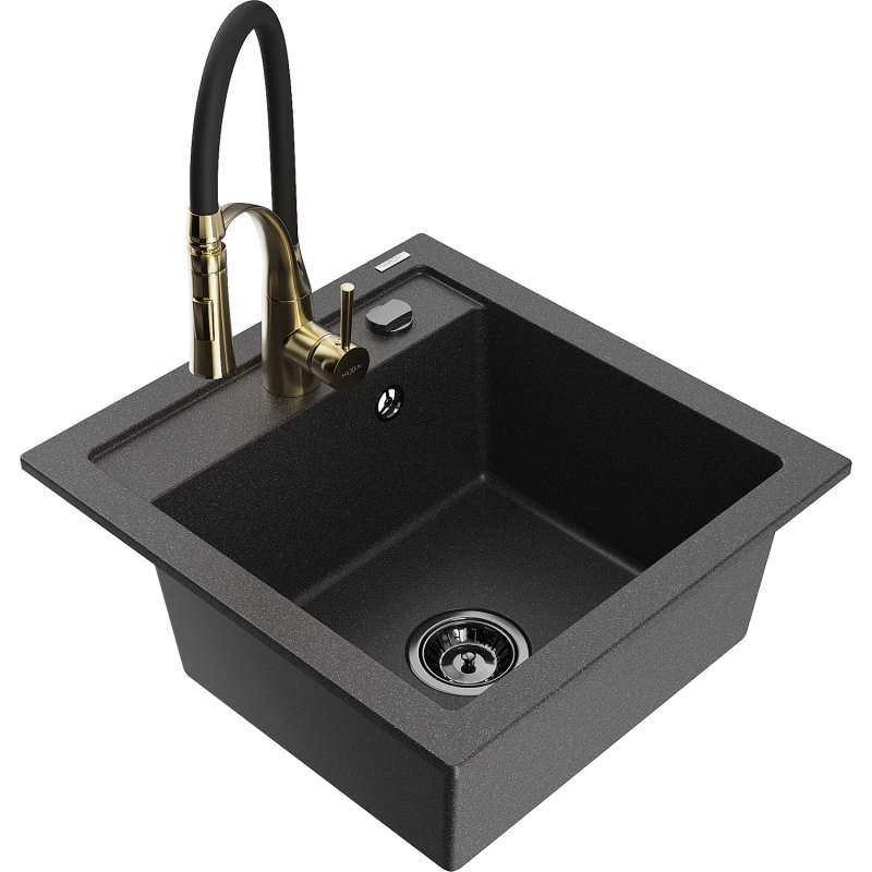 Mexen Vito Granite Kitchen Sink Single-Bowl with Aster Kitchen Tap, Black Speckled - 6503-76-73450-57-B
