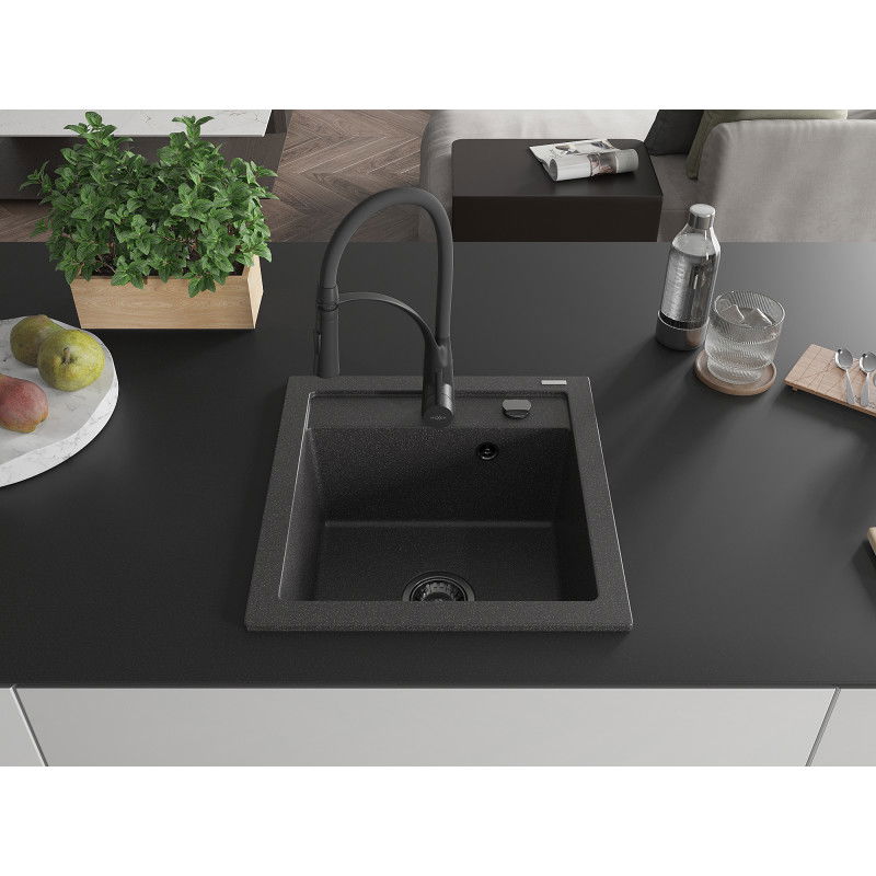 Mexen Vito granite kitchen sink 1-bowl with Aster kitchen tap, black speckled - 6503-76-73450-70-B