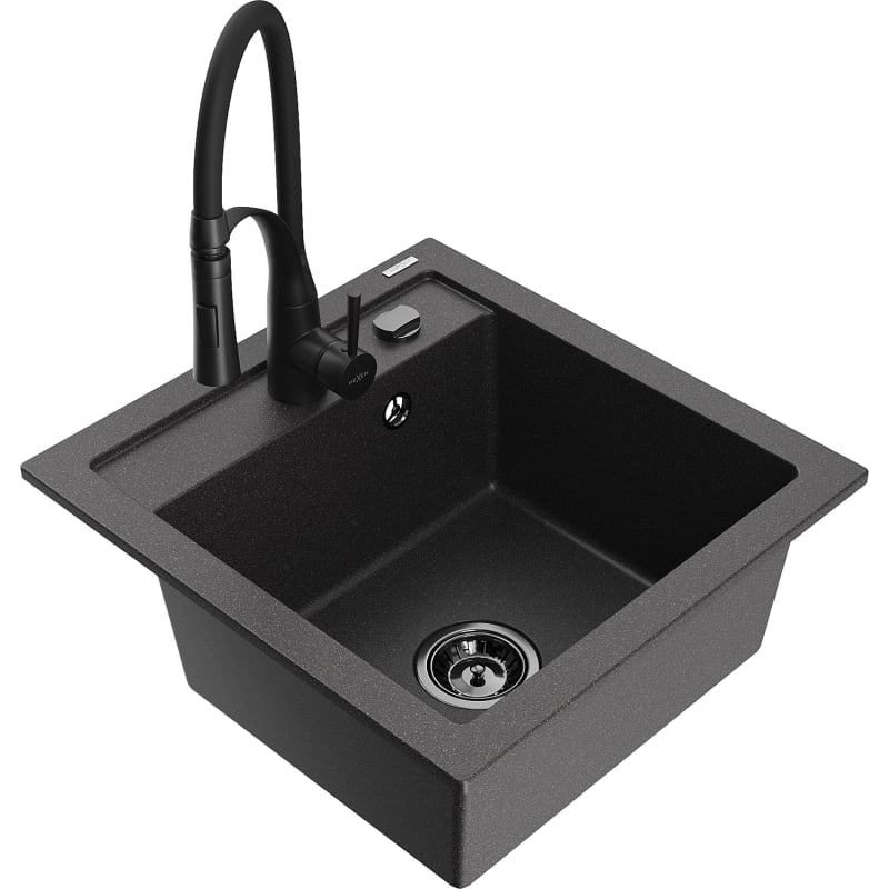 Mexen Vito granite kitchen sink 1-bowl with Aster kitchen faucet, speckled black - 6503-76-73450-70-B