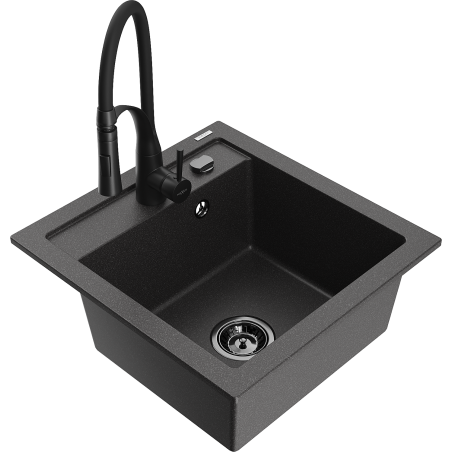 Mexen Vito granite kitchen sink 1-bowl with Aster kitchen faucet, speckled black - 6503-76-73450-70-B