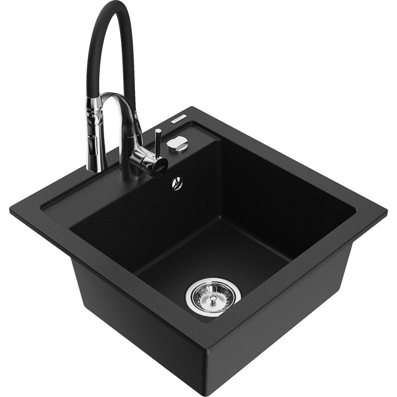 Mexen Vito 1-bowl granite sink with Aster kitchen faucet, black - 6503-77-73450-07