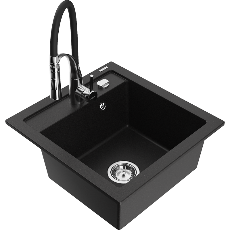 Mexen Vito granite sink 1-bowl with Aster kitchen tap, black - 6503-77-73450-07
