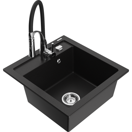 Mexen Vito 1-bowl granite sink with Aster kitchen faucet, black - 6503-77-73450-07