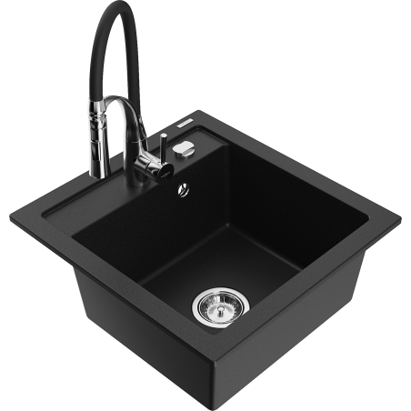 Mexen Vito granite sink 1-bowl with Aster kitchen tap, black - 6503-77-73450-07