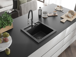 Mexen Vito 1-bowl granite sink with Aster kitchen faucet, black - 6503-77-73450-07-B