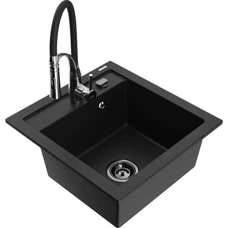 Mexen Vito 1-bowl granite sink with Aster kitchen faucet, black - 6503-77-73450-07-B