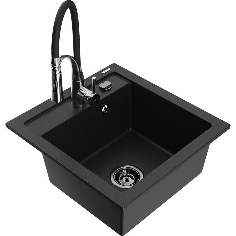 Mexen Vito granite sink 1-bowl with Aster kitchen tap, black - 6503-77-73450-07-B
