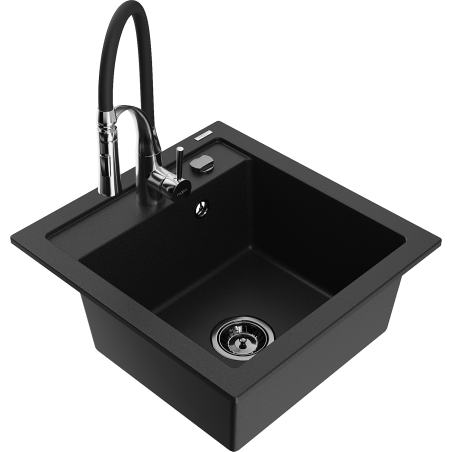 Mexen Vito 1-bowl granite sink with Aster kitchen faucet, black - 6503-77-73450-07-B
