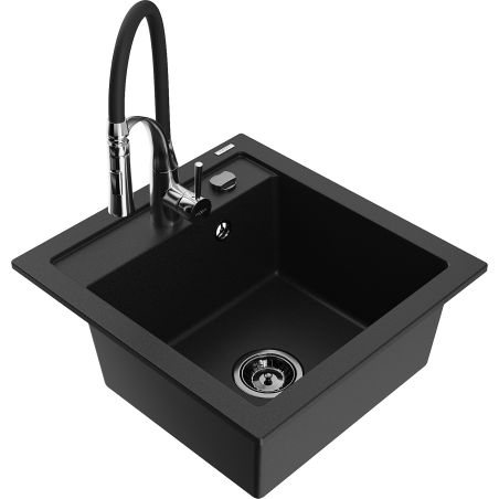Mexen Vito granite sink 1-bowl with Aster kitchen tap, black - 6503-77-73450-07-B