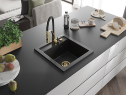 Mexen Vito 1-bowl granite sink with Aster kitchen faucet, black - 6503-77-73450-57-G
