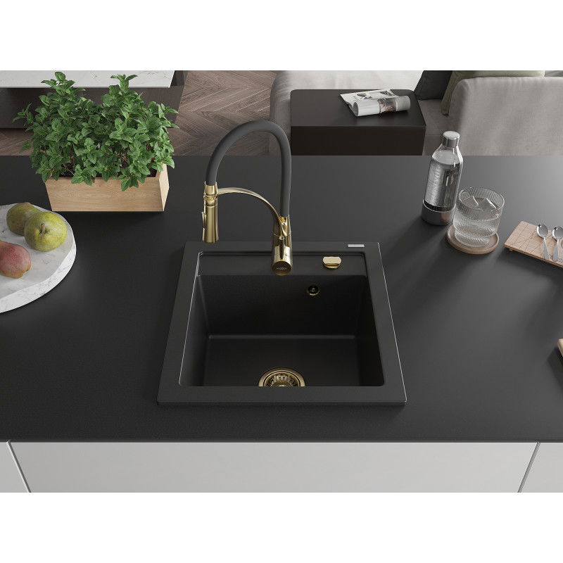 Mexen Vito 1-bowl granite sink with Aster kitchen tap, black - 6503-77-73450-57-G