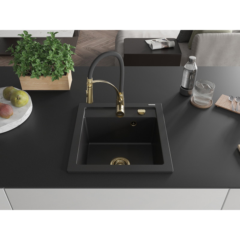 Mexen Vito granit sink, single-bowl with Aster kitchen faucet, black - 6503-77-73450-57-G