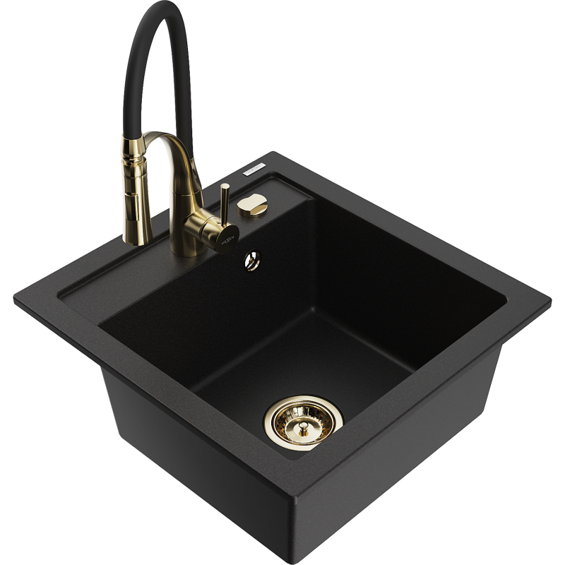 Mexen Vito 1-bowl granite sink with Aster kitchen tap, black - 6503-77-73450-57-G