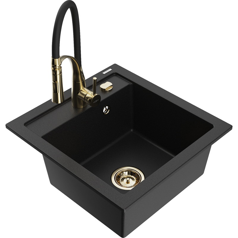Mexen Vito granit sink, single-bowl with Aster kitchen faucet, black - 6503-77-73450-57-G