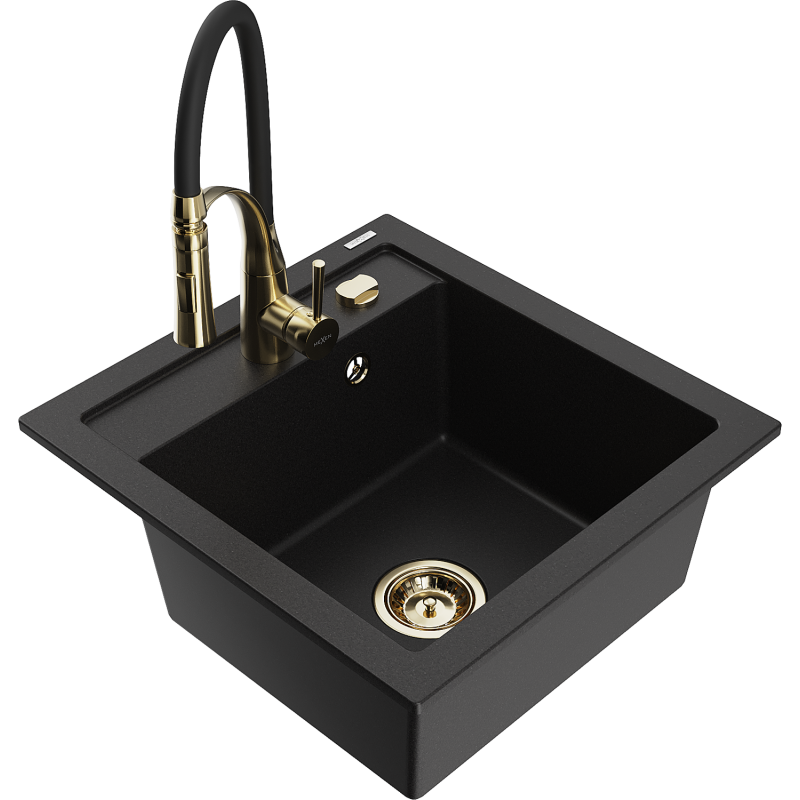 Mexen Vito granite sink single-bowl with Aster kitchen faucet, black - 6503-77-73450-57-G