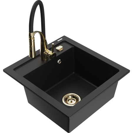 Mexen Vito 1-bowl granite sink with Aster kitchen tap, black - 6503-77-73450-57-G