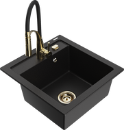 Mexen Vito granite sink single-bowl with Aster kitchen faucet, black - 6503-77-73450-57-G