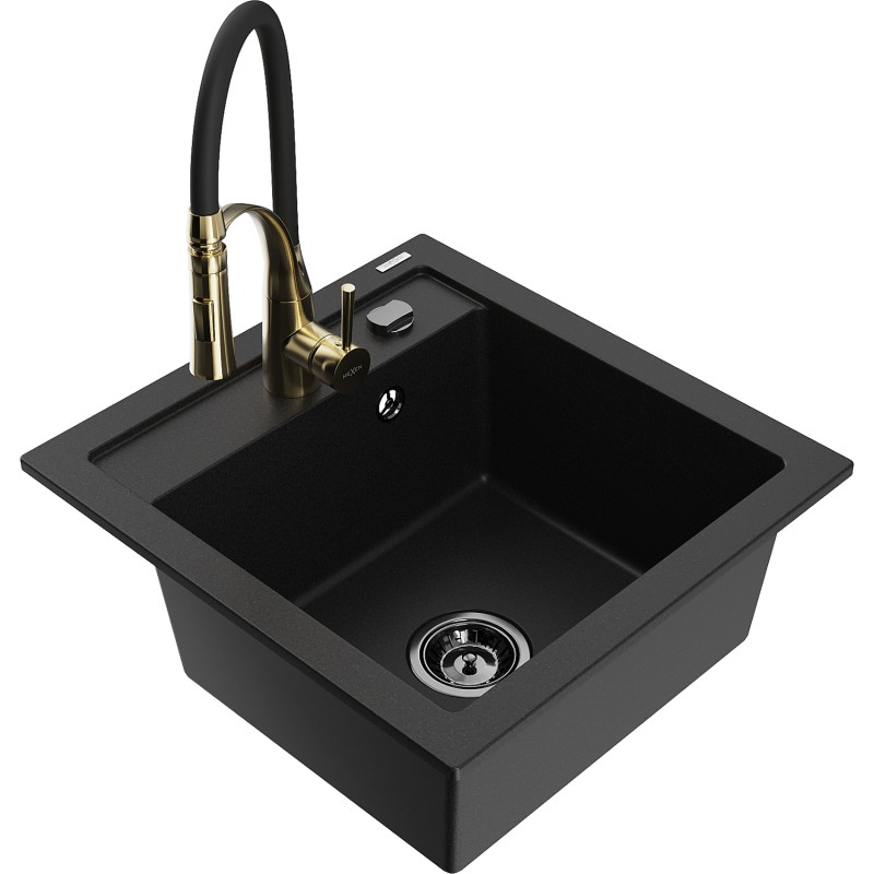 Mexen Vito granite kitchen sink 1-bowl with Aster kitchen faucet, black - 6503-77-73450-57-B