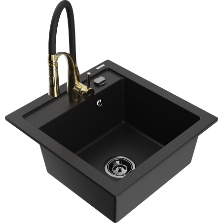 Mexen Vito granit sink with single bowl and Aster kitchen faucet, black - 6503-77-73450-57-B