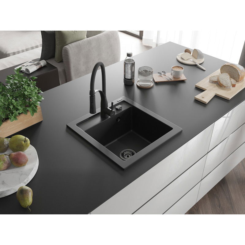 Mexen Vito granite sink 1-bowl with Aster kitchen tap, black - 6503-77-73450-70-B