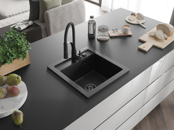 Mexen Vito 1-bowl granite sink with Aster kitchen faucet, black - 6503-77-73450-70-B