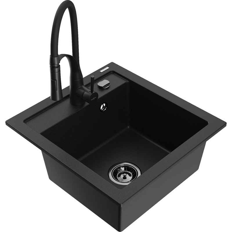 Mexen Vito granite sink 1-bowl with Aster kitchen tap, black - 6503-77-73450-70-B