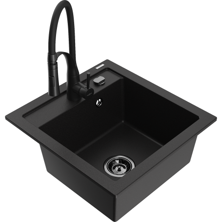 Mexen Vito 1-bowl granite sink with Aster kitchen faucet, black - 6503-77-73450-70-B