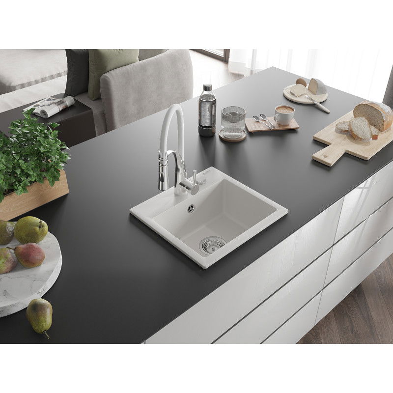 Mexen Milo granite sink, 1-bowl with Aster kitchen tap, white - 6505-20-73450-02