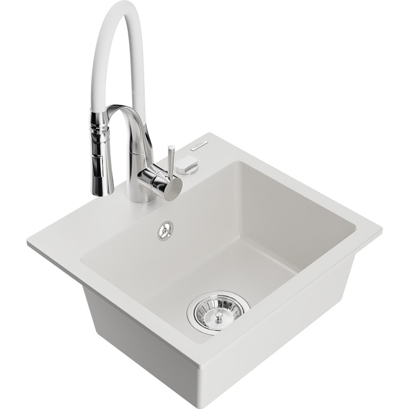 Mexen Milo 1-bowl granite kitchen sink with Aster faucet, white - 6505-20-73450-02