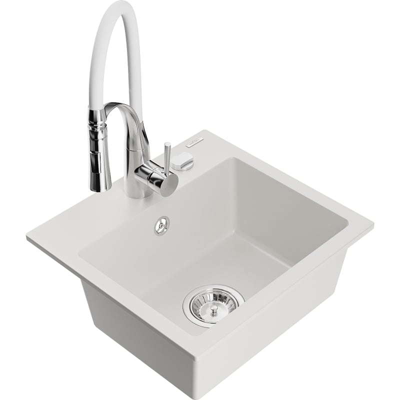 Mexen Milo granite kitchen sink 1-bowl with Aster kitchen faucet, white - 6505-20-73450-02