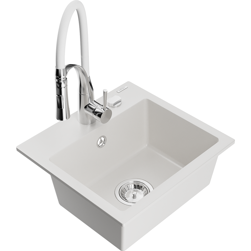 Mexen Milo granite sink, 1-bowl with Aster kitchen tap, white - 6505-20-73450-02