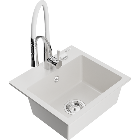 Mexen Milo 1-bowl granite kitchen sink with Aster faucet, white - 6505-20-73450-02