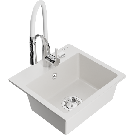 Mexen Milo granite sink, 1-bowl with Aster kitchen tap, white - 6505-20-73450-02