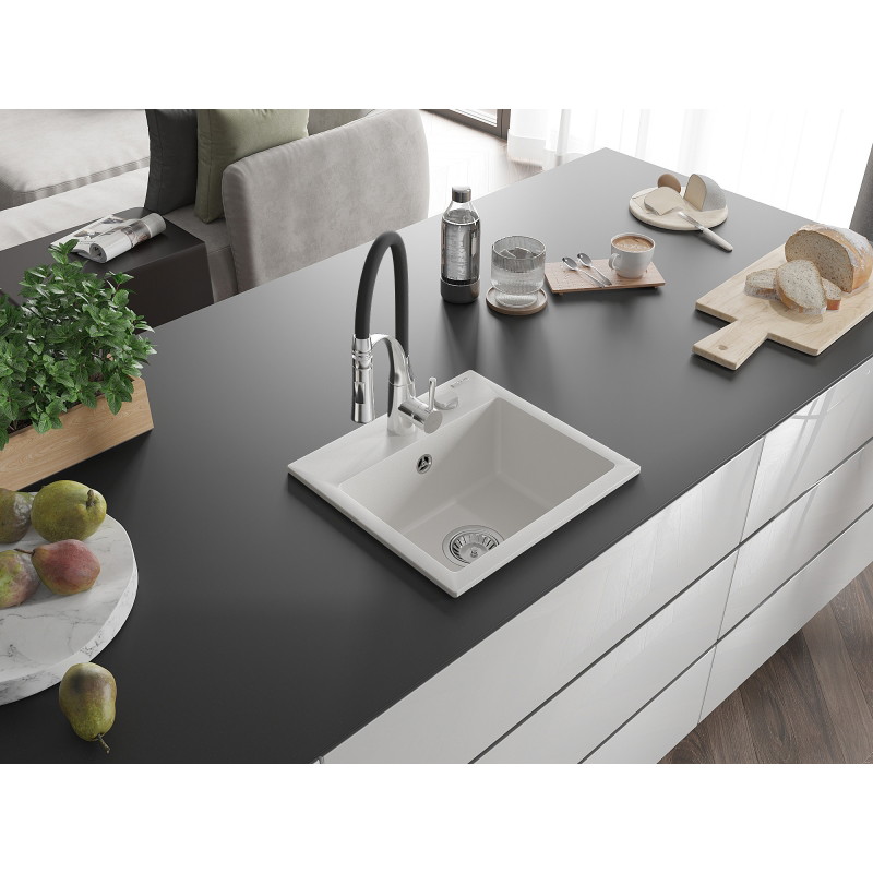 Mexen Milo 1-bowl granite sink with Aster kitchen faucet, white - 6505-20-73450-07