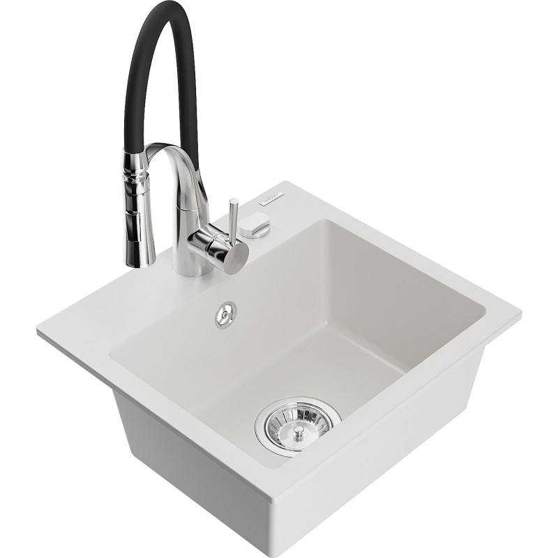 Mexen Milo 1-bowl granite sink with Aster kitchen faucet, white - 6505-20-73450-07