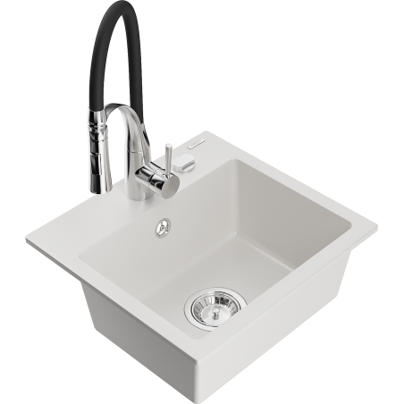 Mexen Milo 1-bowl granite sink with Aster kitchen faucet, white - 6505-20-73450-07