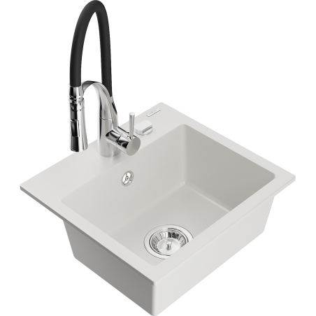 Mexen Milo granite kitchen sink 1-bowl with Aster kitchen faucet, white - 6505-20-73450-07