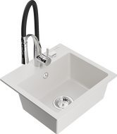 Mexen Milo granite kitchen sink single bowl with Aster kitchen tap, white - 6505-20-73450-07