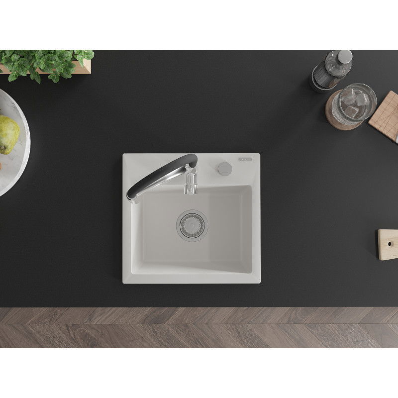 Mexen Milo granite kitchen sink single bowl with Aster kitchen tap, white - 6505-20-73450-07