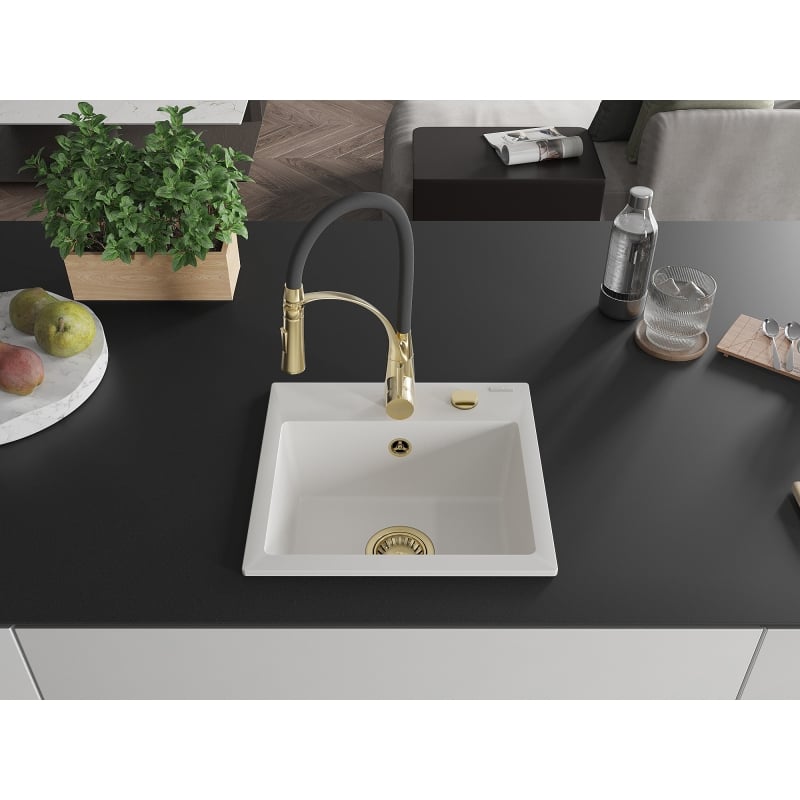 Mexen Milo granite kitchen sink 1-bowl with Aster kitchen faucet, white - 6505-20-73450-57-G