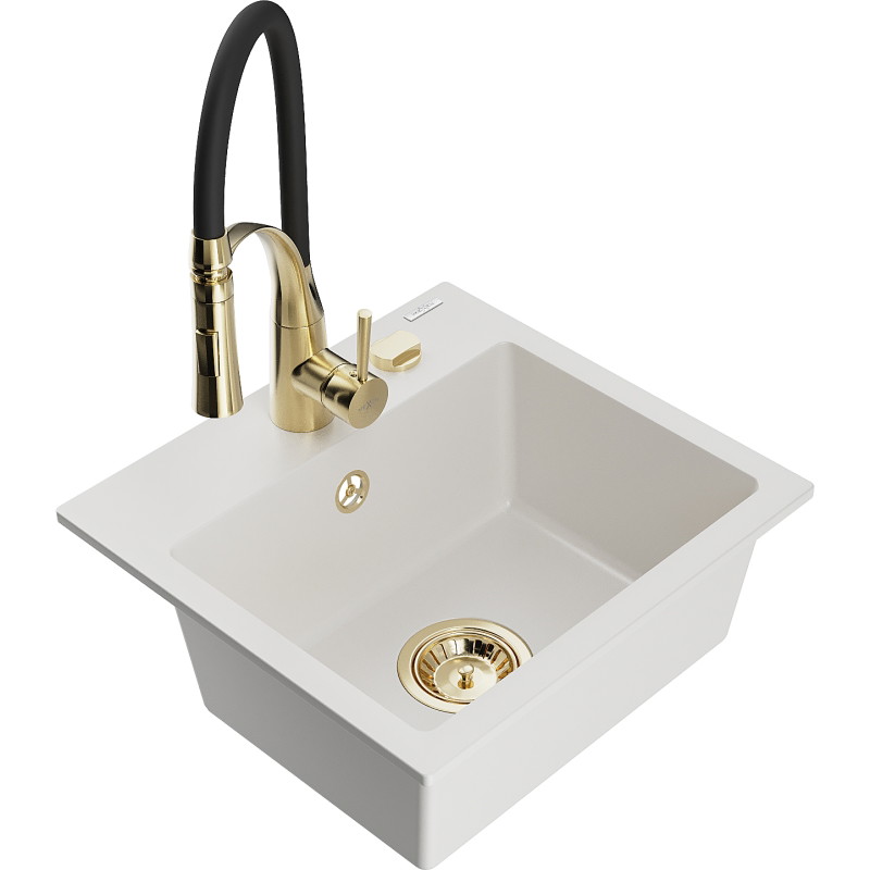 Mexen Milo granite kitchen sink 1-bowl with Aster kitchen faucet, white - 6505-20-73450-57-G