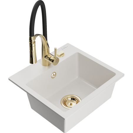 Mexen Milo 1-bowl granite kitchen sink with Aster faucet, white - 6505-20-73450-57-G