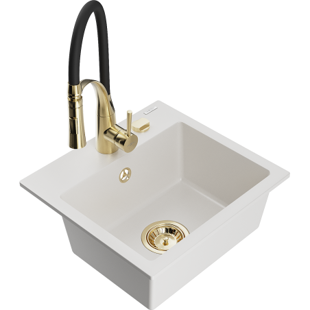 Mexen Milo granite kitchen sink 1-bowl with Aster kitchen faucet, white - 6505-20-73450-57-G