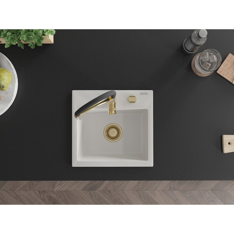 Mexen Milo 1-bowl granite sink with Aster kitchen tap, white - 6505-20-73450-57-G