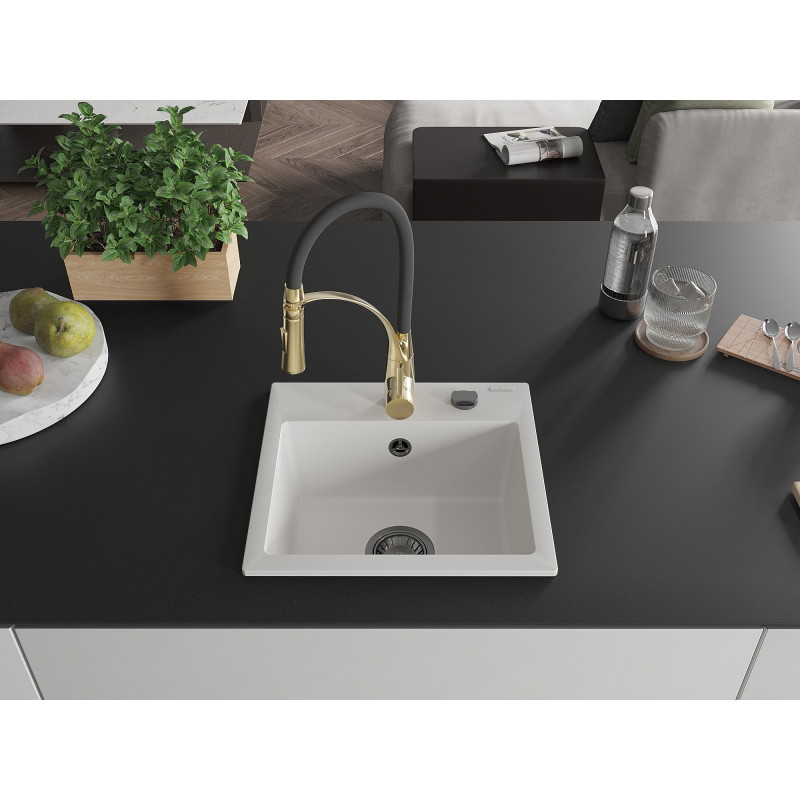 Mexen Milo 1-bowl granite sink with Aster kitchen faucet, white - 6505-20-73450-57-B