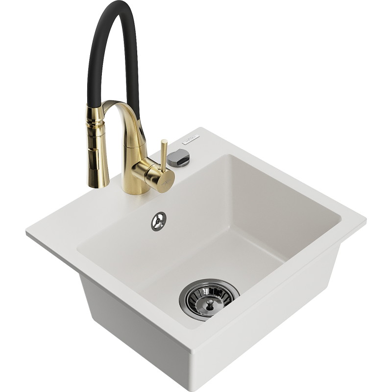 Mexen Milo 1-bowl granite sink with Aster kitchen faucet, white - 6505-20-73450-57-B