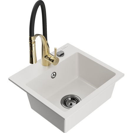Mexen Milo 1-bowl Granite Kitchen Sink with Aster Tap, White - 6505-20-73450-57-B