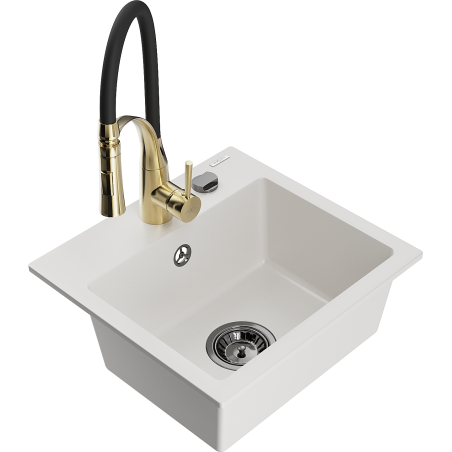 Mexen Milo 1-bowl granite sink with Aster kitchen faucet, white - 6505-20-73450-57-B
